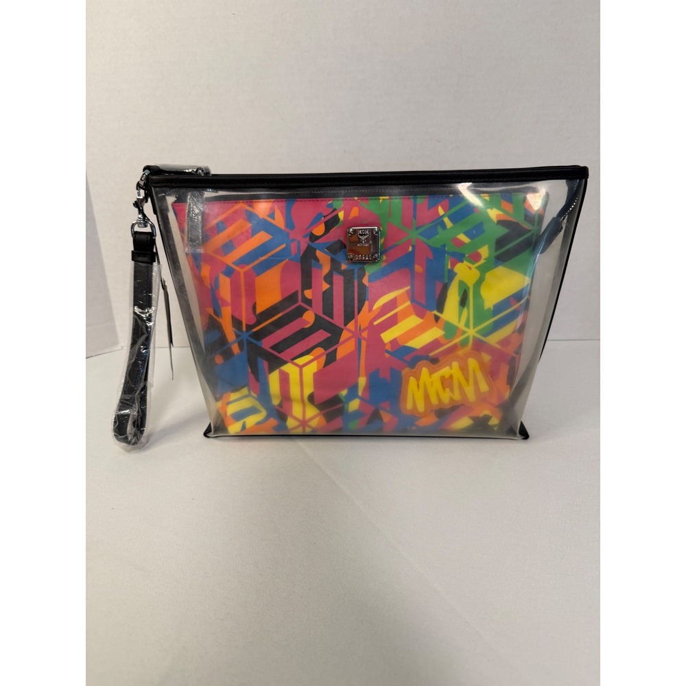 NWT MCM Portuna Translucent Multi Colored Graffiti Nylon Zip Pouch Wristlet